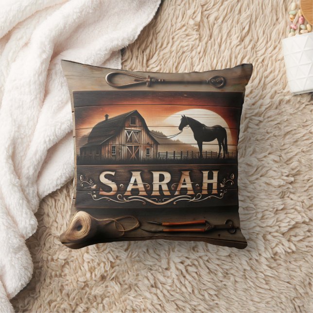 Custom Wooden Sign With Horse and Barn in Sunset Throw Pillow (Blanket)