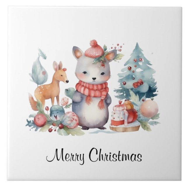 Custom Woodland Animals Christmas Watercolor Art Ceramic Tile (Front)