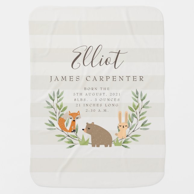 Custom Woodland Birth Stats Baby Blanket (Front)