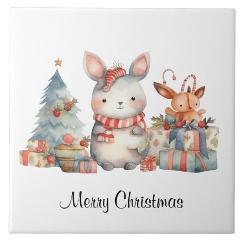 Custom Woodland Bunny Rabbit Christmas Watercolor Ceramic Tile