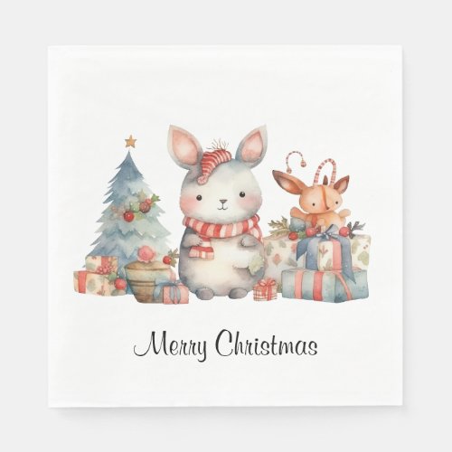 Custom Woodland Bunny Rabbit Christmas Watercolor Napkins