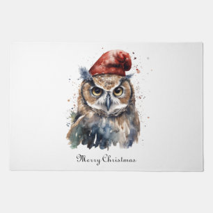 Custom Woodland Christmas Watercolor Owl Santa Hat Doormat