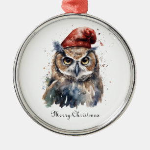 Custom Woodland Christmas Watercolor Owl Santa Hat Metal Ornament