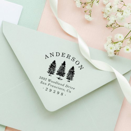 Custom Woodland Pines Family Name Return Address Rubber Stamp