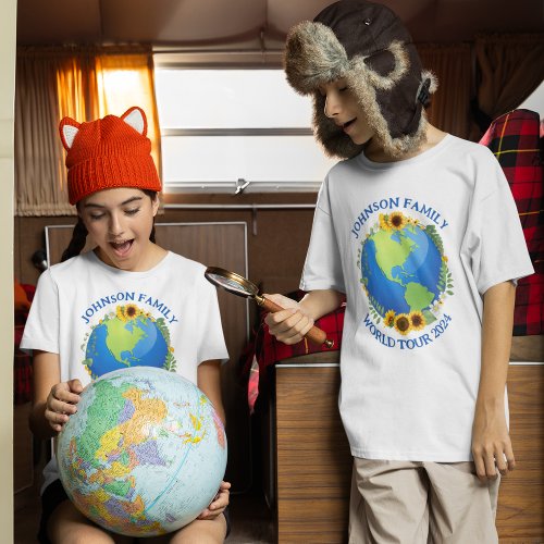 Custom World Travel Sunflowers Earth Kids Vacation T_Shirt