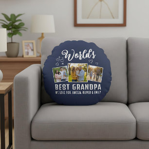 Custom World's Best Grandpa 3 Photo  Round Pillow