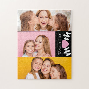 Custom Worlds Best Mom Cute Pink Heart 3 Photo Jigsaw Puzzle