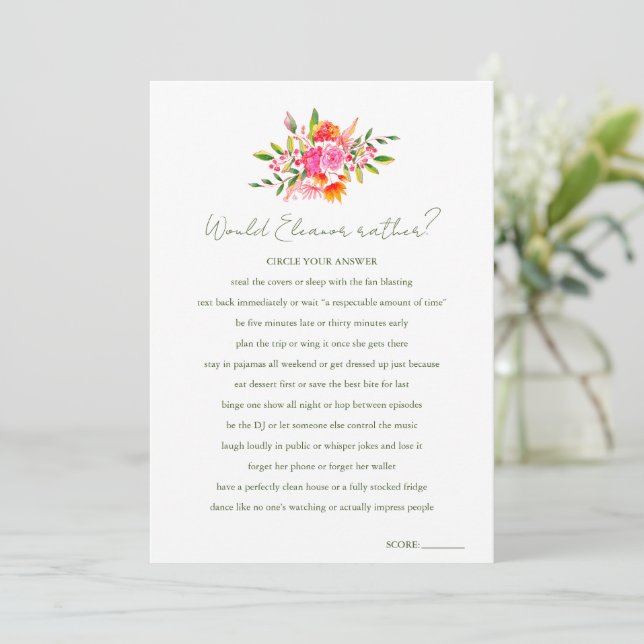 Custom Would She Rather Floral Shower Game Invitation (Standing Front)