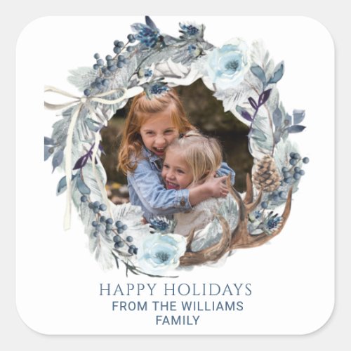 Custom Wreath Photo Frame Blue and White Holiday Square Sticker