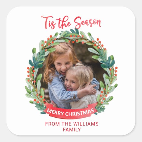Custom Wreath Photo Frame Tis The Season Holiday Square Sticker