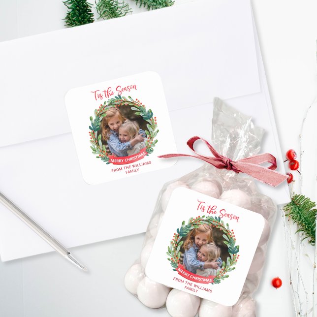 Custom Wreath Photo Frame 'Tis The Season, Holiday Square Sticker (Creator Uploaded)