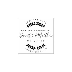 Custom Wreath & Rustic Script Save The Date Rubber Stamp