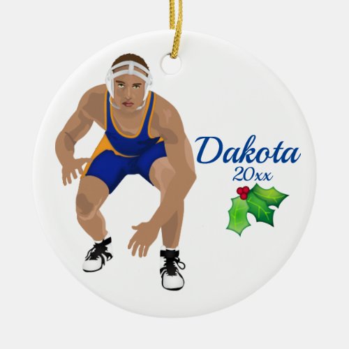 Custom Wrestling Christmas Ornament Blue _ Yellow