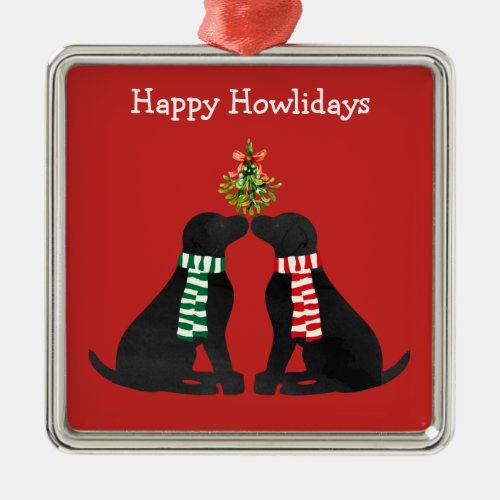 Custom Xmas Black Labs Kissing Mistletoe Metal Ornament