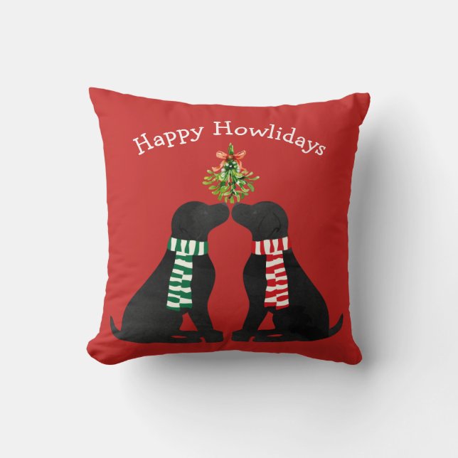 Custom Xmas Black Labs Kissing Mistletoe Throw Pillow (Front)