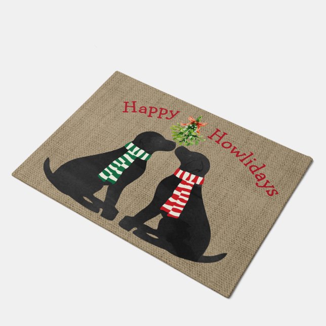 Custom Xmas Black Labs Mistletoe Tan Burlap Doormat (Angled)