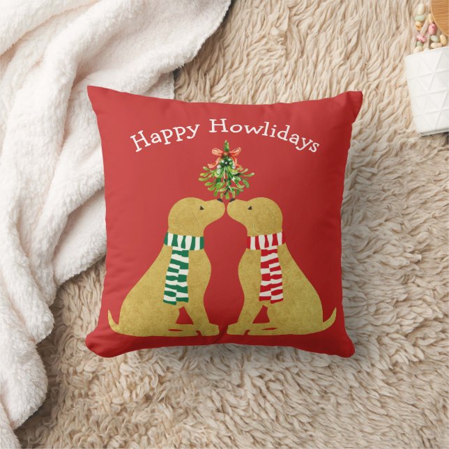 Custom Xmas Golden Retrievers Kissing Mistletoe Throw Pillow (Blanket)