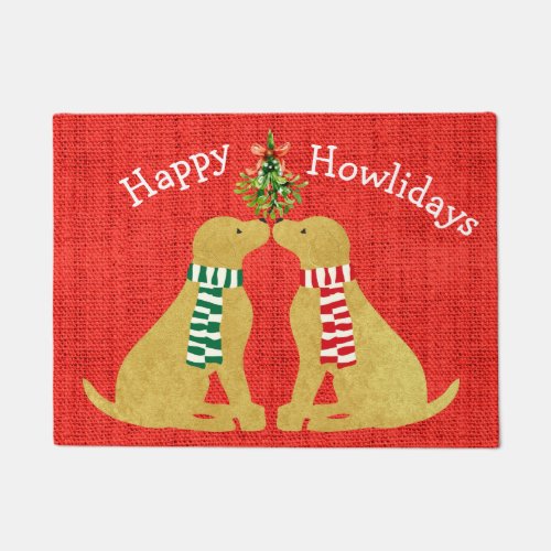 Custom Xmas Golden Retrievers Mistletoe Red Burlap Doormat