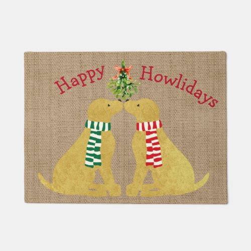 Custom Xmas Golden Retrievers Mistletoe Tan Burlap Doormat