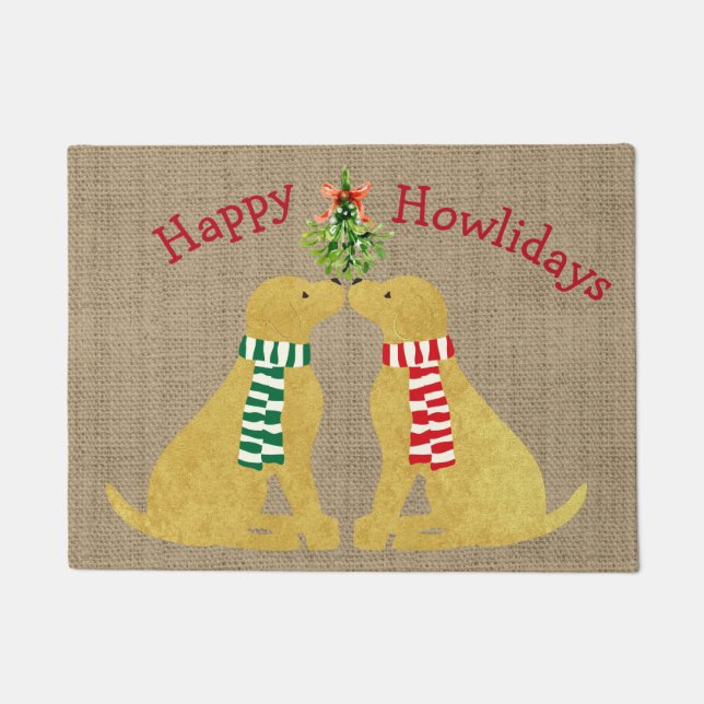 Custom Xmas Golden Retrievers Mistletoe Tan Burlap Doormat (Front)