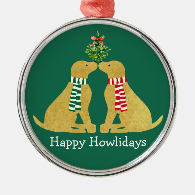 Custom Xmas Yellow Labs Kissing Mistletoe Metal Ornament (Front)