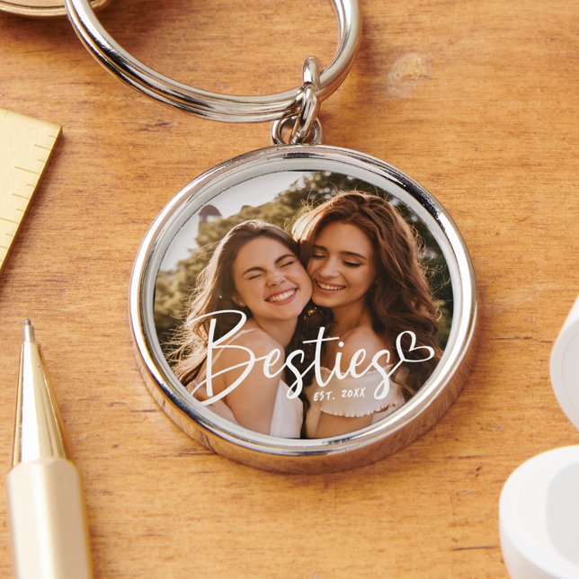 Custom Year Besties BFF Modern Script Photo Keychain (Creator Uploaded)