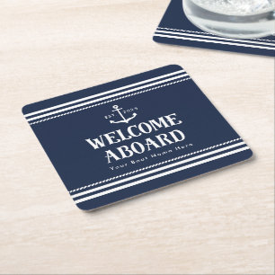Custom Year Boat Name Navy Blue Welcome Aboard  Square Paper Coaster