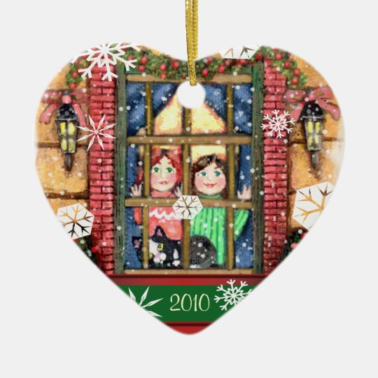 Custom Year Christmas Girls & Cat Scene Ornament