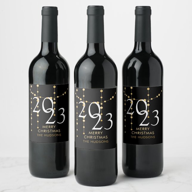 Custom Year Gold Garland Merry Christmas Favor Wine Label (Bottles)