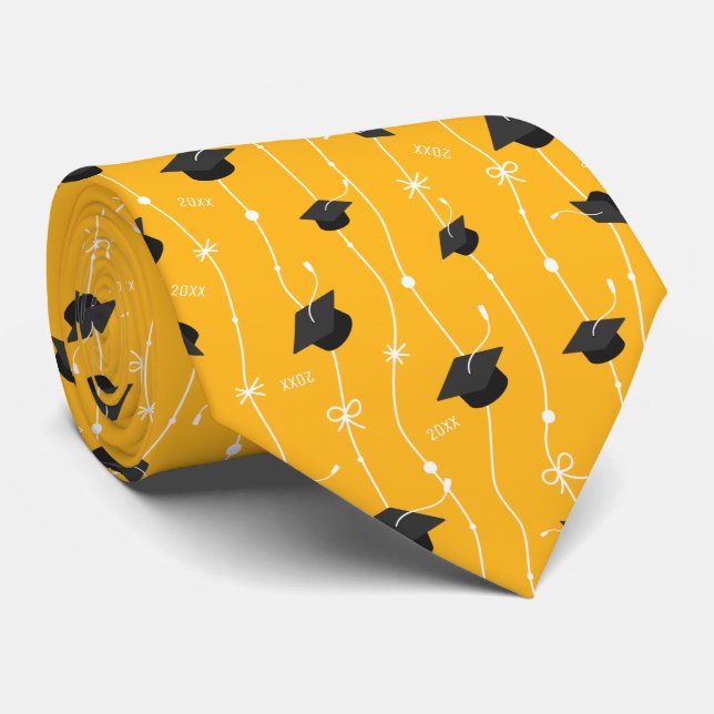 Custom Year Gold Grad Caps & Ribbon Neck Tie (Rolled)