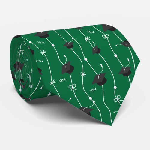 Custom Year Green Graduation Caps and Ribbon Neck Tie