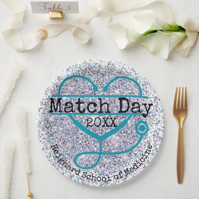 Custom Year Match Day Blue Glitter Stethoscope Paper Plates (Wedding)