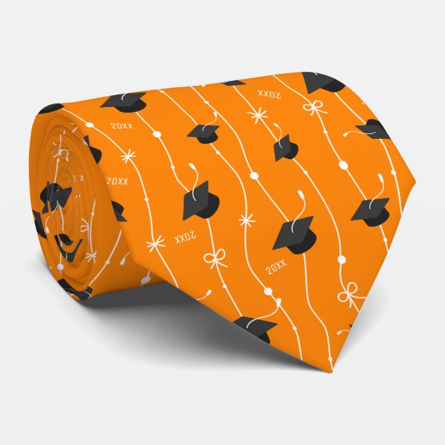 Custom Year Orange Graduation Caps and Ribbon Neck Tie (Rolled)