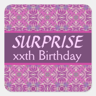 Custom Year SURPRISE Birthday Pink Purple Pattern Square Sticker
