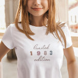 Custom Year Vintage 40th Birthday Limited Edition T-Shirt<br><div class="desc">The Custom Year Vintage 40th Birthday Limited Edition T-shirt is the perfect way to celebrate a milestone birthday in style. This limited edition T-shirt features a classic and timeless vintage script design, with a bold and prominent year of your choice displayed on the front in groovy boho letters. Whether you're...</div>