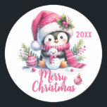 Custom Year White Pink Fun Penguin Merry Christmas Classic Round Sticker<br><div class="desc">Create unique personalized white and pink Christmas stickers for mailing seals or favors with a girly design with the "Merry Christmas" greetings and a cute penguin in a pink Santa hat and scarf, sitting with a tiny snowman among festive greenery and ornaments. The template makes it easy to type any...</div>