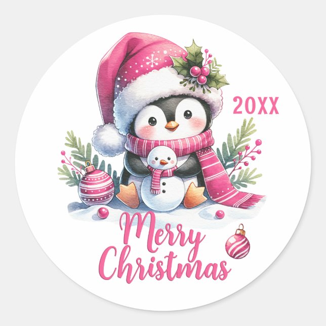 Custom Year White Pink Fun Penguin Merry Christmas Classic Round Sticker (Front)