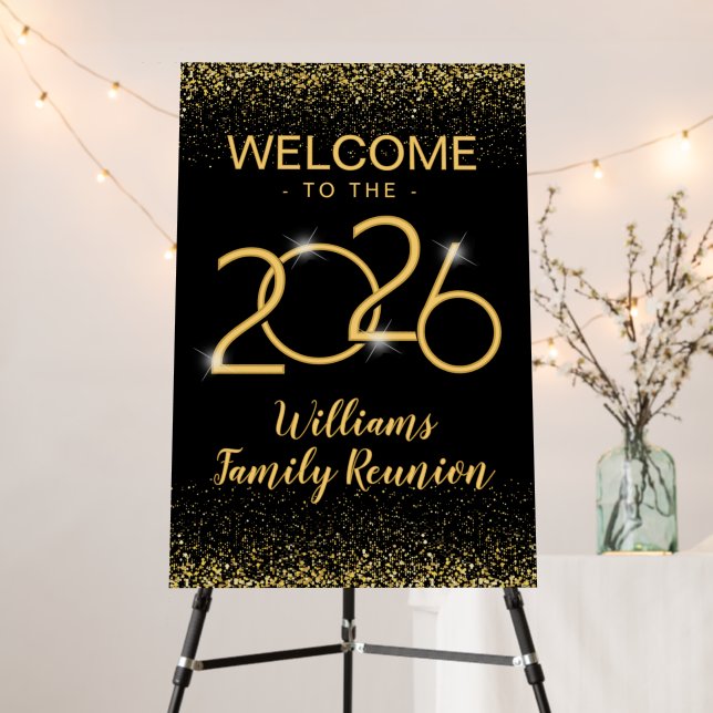 Custom Yearly Family Welcome Sign Black Gold Board (In Situ (Stand))