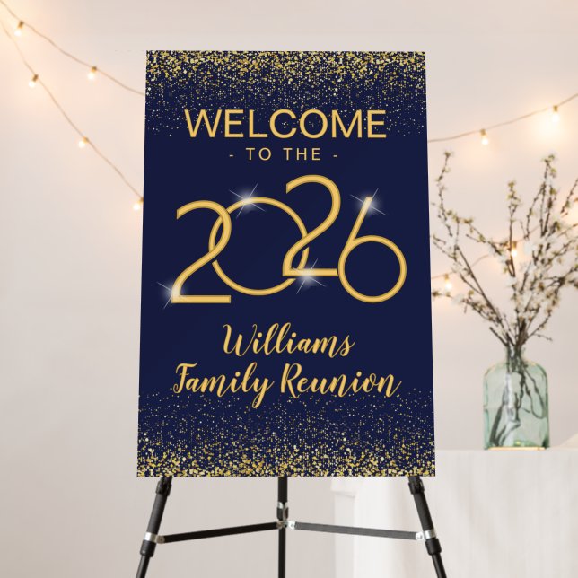 Custom Yearly Family Welcome Sign Blue Gold Board (In Situ (Stand))