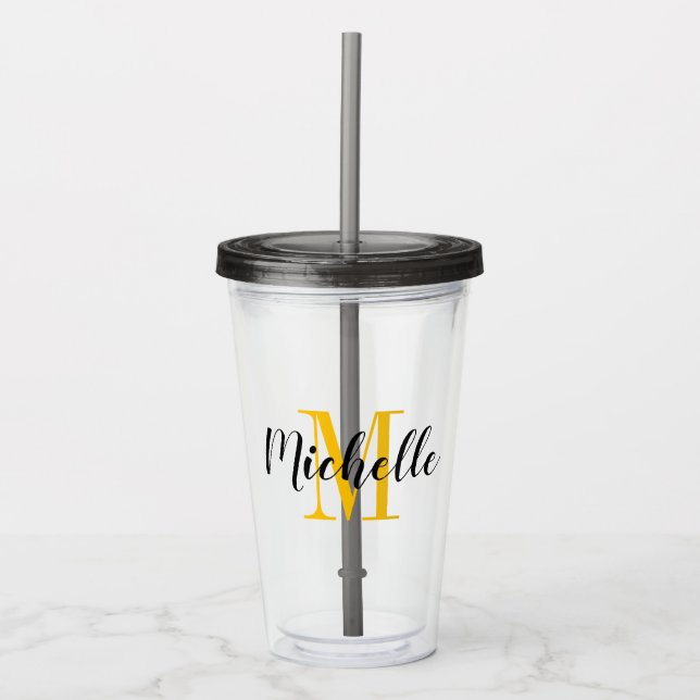 Custom yellow and black typography monogram  acrylic tumbler (Front)