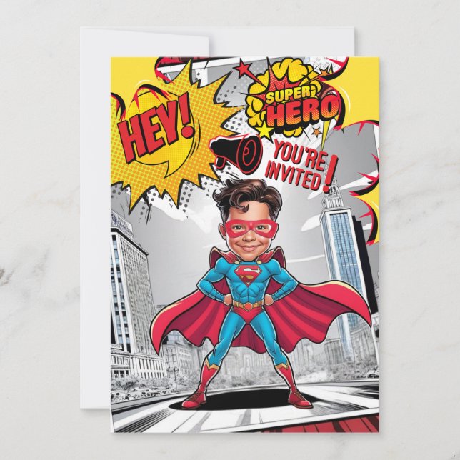 Custom Yellow and Red Superhero caricature Invitation (Front)