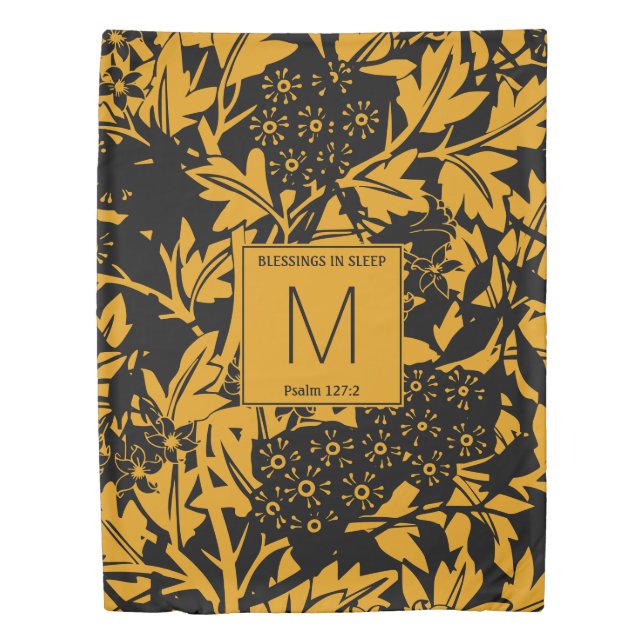 Custom Yellow Black Floral Monogram Duvet Cover (Front)