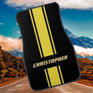 Custom Yellow Black Racing Stripes Gold Monogram Car Floor Mat
