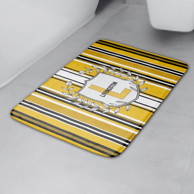 Custom Yellow Black Stripes Monogram Bath Mat (Creator Uploaded)