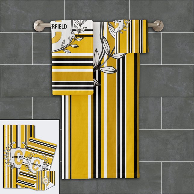 Custom Yellow Black Stripes Monogram Bath Towel Set (Creator Uploaded)