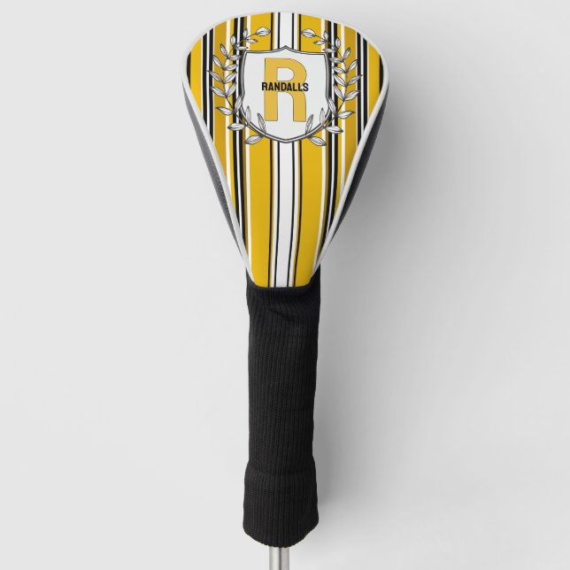 Custom Yellow Black Stripes Monogram Golf Head Cover (Front)