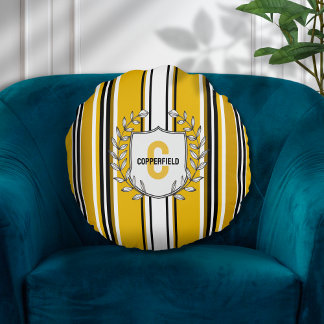 Custom Yellow Black Stripes Monogram Round Pillow