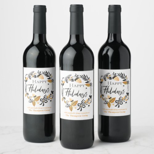 Custom  Yellow Black Wreath  Happy Holidays Wine Label