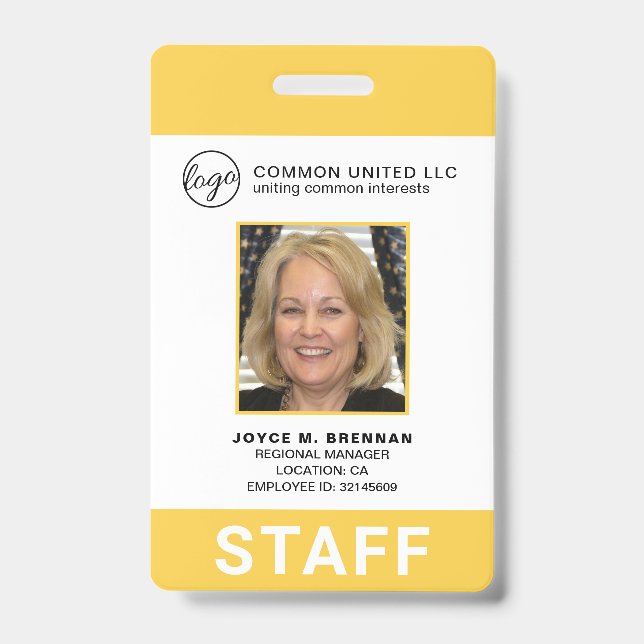 Custom Yellow Business Logo Photo ID Employee Badge (Front)