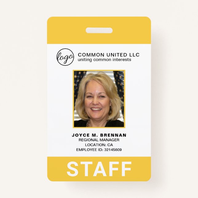 Custom Yellow Business Logo Photo ID Employee Badge (Front)